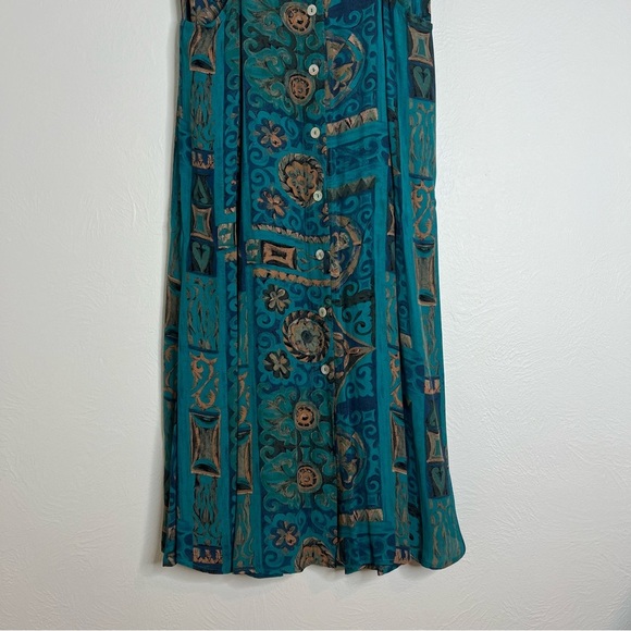Vintage Karen Kane Rayon Abstract Print Maxi Skirt Teal Button Front Size 12 - Picture 2 of 16
